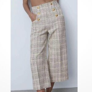 ZARA Blue Plaid High Waisted Buttoned Culottes Pants